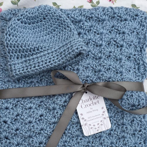 Crochet Baby Blanket With Matching Hat Soft Blue Etsy