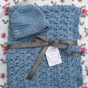 Crochet Baby Blanket with Matching Hat - Light Country Blue