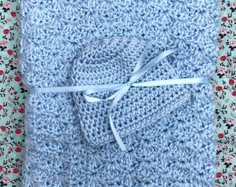 Crochet Baby Blanket with Matching Hat - Soft Blue