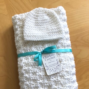 Crochet Baby Blanket with Matching Hat - White