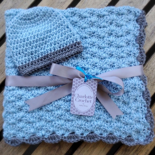 Crochet Baby Blanket With Matching Hat Soft Blue Etsy