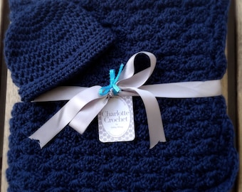 Crochet Baby Blanket with Matching Hat - Dark Country Blue