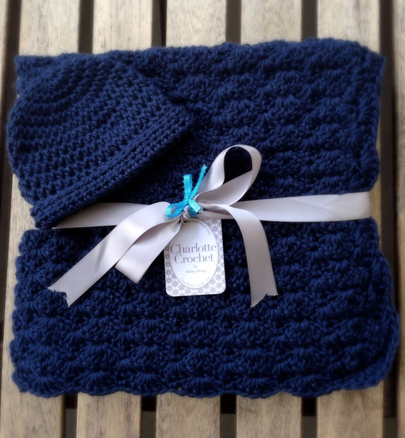 Crochet Baby Blanket with Matching Hat Dark Country Blue Etsy