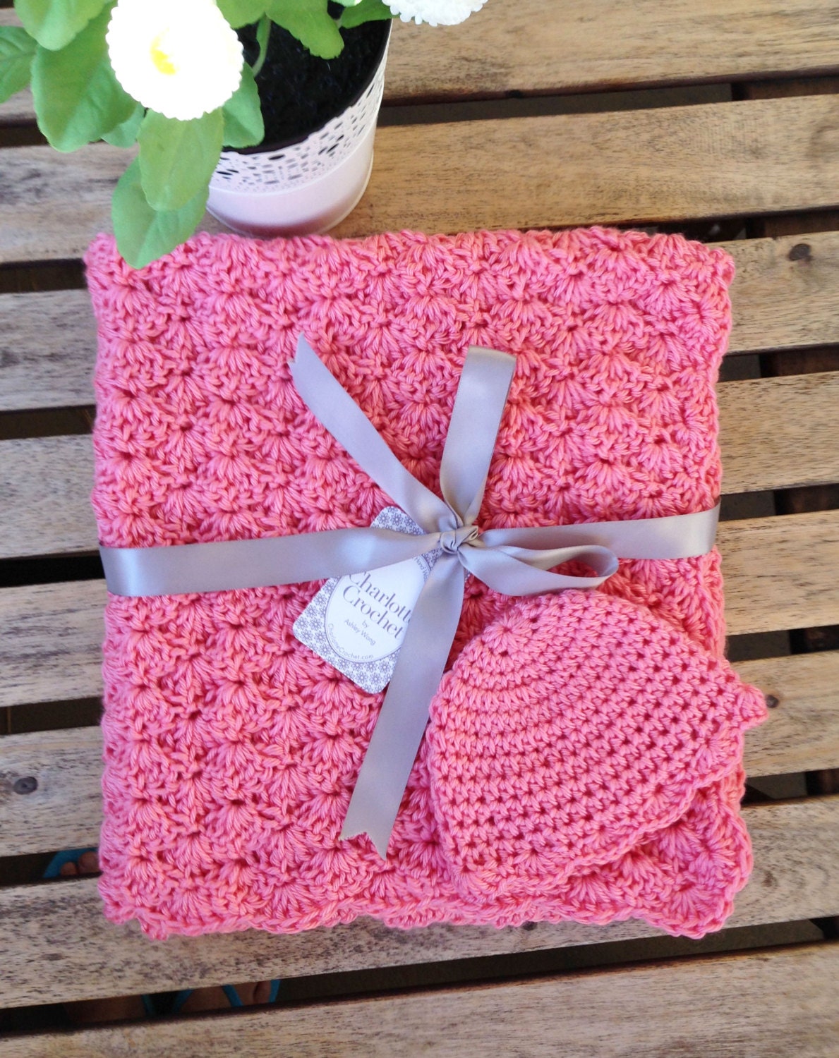 Crochet Baby Blanket with Matching Hat - Strawberry Pink