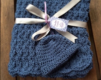 Crochet Baby Blanket with Matching Hat - Country Blue