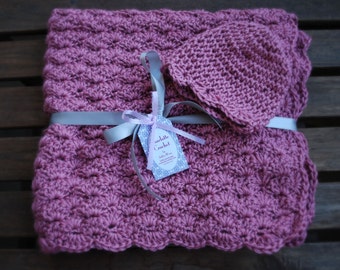 Crochet Baby Blanket with Matching Hat - Plum Wine
