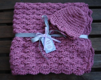 Couverture pour bébé au crochet avec chapeau assorti - Vin Prune