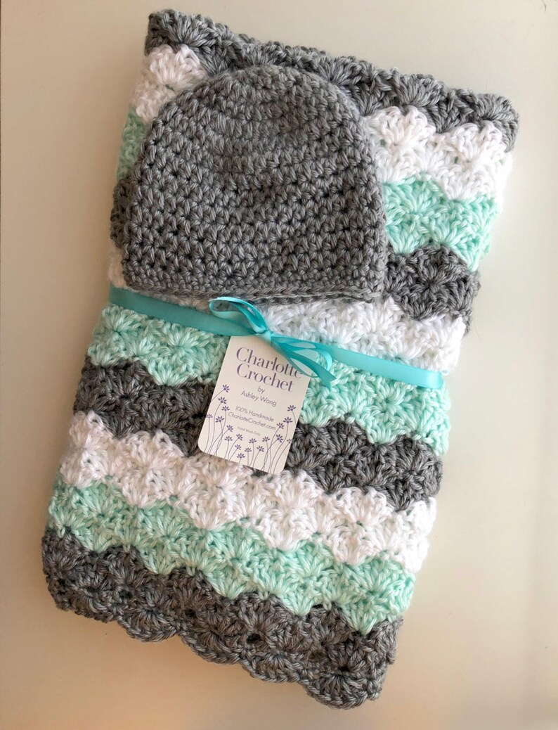 Baby Blanket Set With Matching Hat Gray Soft Green and Etsy