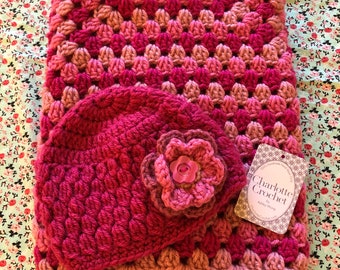 Crochet baby blanket for crib, stroller, traveling, day bed, playpen with Matching Beanie - Pink (ready to ship)