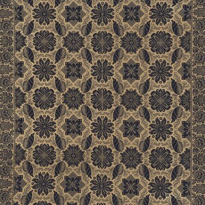 May include: A rectangular textile featuring a repeating pattern of dark navy blue floral motifs and shell shapes on a tan background. The border includes intricate botanical designs and the text 1842 in the corners, creating a symmetrical layout.