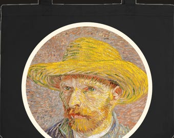 Può includere: Una borsa tote nera con una stampa circolare di un autoritratto di Vincent van Gogh. Il dipinto raffigura una persona con la barba rosso-marrone che indossa un cappello di paglia giallo brillante su uno sfondo strutturato.
