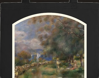 Può includere: Una borsa tote nera con una stampa rettangolare dalla parte superiore arcuata. L'immagine mostra un dipinto paesaggistico impressionista con alberi, un muro di pietra e figure in un campo sotto un cielo nuvoloso, incorniciata da un bordo color crema.