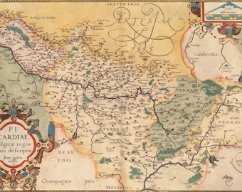 Può includere: Un'antica mappa colorata a mano della regione della Piccardia con calligrafia complessa, dettagli topografici e nomi di luoghi. La mappa include il testo 'PICARDIAE', 'ARTESIAE', 'SEPTENTRIO' e 'MERIDIES' con elementi cartografici decorativi.