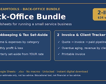 Small Business Bundle, Bookkeeping Spreadsheet & Invoice Tracker, Quarterly Tax Set Aside, Client Tracker, Profit and Loss, 2 Templates