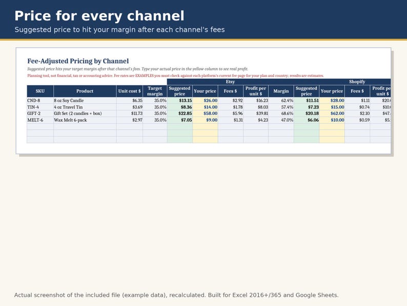 Inventory & Pricing Calculator Spreadsheet | Product Cost, Etsy Shopify Amazon Fees, Profit Margin, Reorder Alerts | Excel and Google Sheets image 2