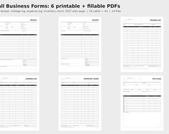 Small Business Forms Bundle, 6 Fillable PDF Templates, Auto Calculating Invoice Receipt Mileage Log Expense Inventory, 2027 Planner