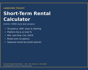 Short Term Rental Calculator Spreadsheet, Vacation Rental Investment Analyzer, Break-Even Occupancy, ADR, Cleaning & Platform Fees