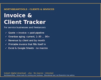 Invoice Tracker Spreadsheet, Client Tracker & Small Business CRM, Quote to Invoice to Paid Pipeline, Overdue Aging, Printable Invoice
