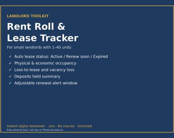 Rent Roll Template Spreadsheet, Lease Expiration Tracker, Tenant & Unit Tracker for Landlords, Occupancy, Vacancy Loss, Property Management