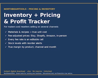 Inventory & Pricing Calculator Spreadsheet | Product Cost, Etsy Shopify Amazon Fees, Profit Margin, Reorder Alerts | Excel and Google Sheets