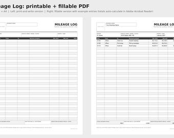 Fillable Mileage Log PDF, Auto Calculating Business Mileage Tracker, Printable Odometer Log, Letter A4