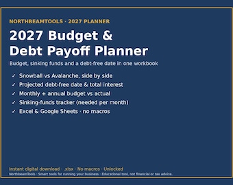 2027 Budget Planner Spreadsheet, Debt Snowball and Avalanche Payoff Calculator, Sinking Funds Tracker, Monthly & Annual Zero Based Budget