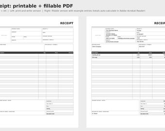 Fillable Receipt Template PDF, Auto Calculating Payment Receipt, Add Your Logo, Printable Business Receipt, Letter A4