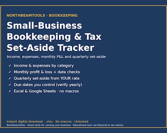 Small Business Bookkeeping Spreadsheet, Income and Expense Tracker, Monthly Profit & Loss, Quarterly Tax Set Aside Estimate, Mileage Log