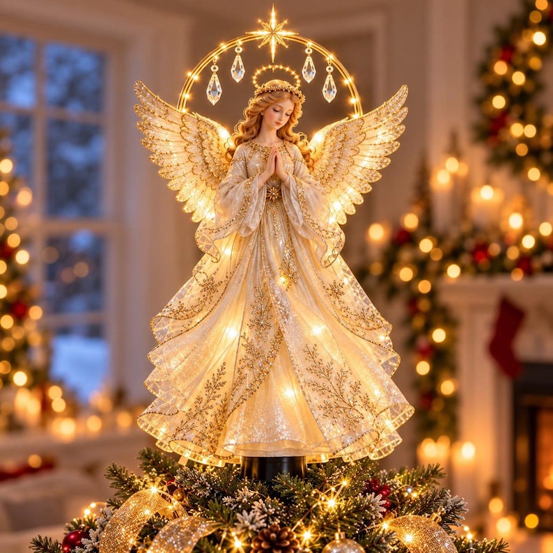 Prayer Hand Tree Lighted Angel Christmas Tree Topper, Gold Holiday Angel With Warm LED ...