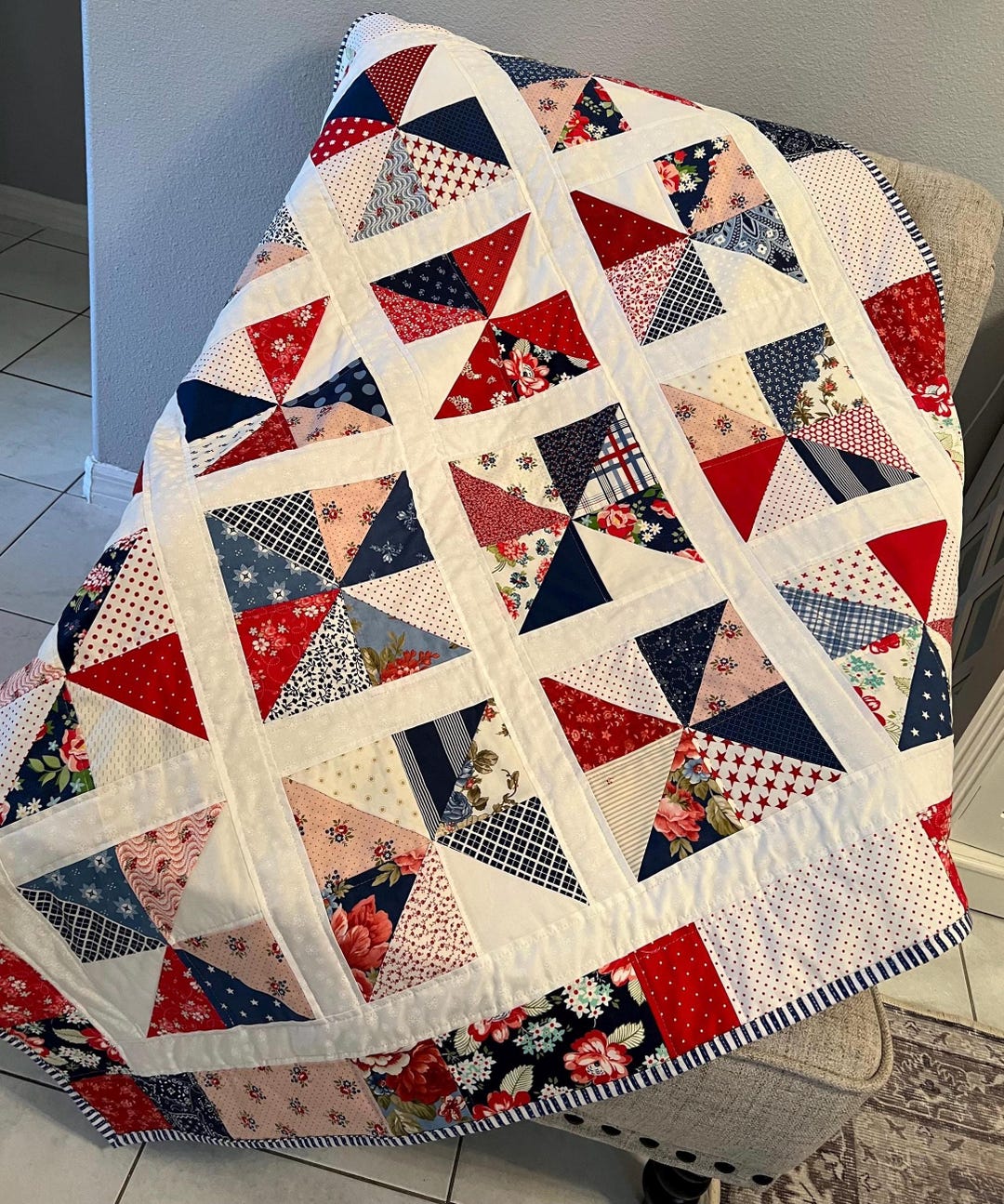 Patriotic- Americana Pinwheels Red White Blue Quilt-- Made to Order ...