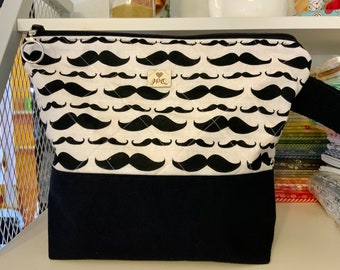 Black Moustache Fabric Knitting Crochet Project Medium Zippered Cosmetic Bag