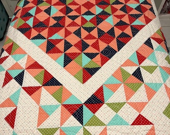 Exploding Heart Queen Full Size Rainbow Pieced Quilt