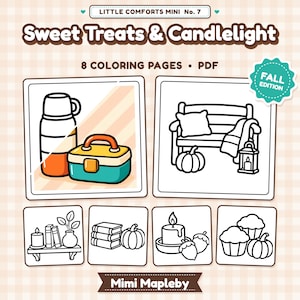 Coloriages de douceurs et de bougies pour adultes et adolescents | 8 motifs d'automne faciles à imprimer (PDF) | Coloriage de muffins, tartes et bougies
