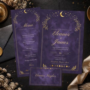 Celestial Wedding Invitation Suite, Lilac Moon, Stars, Editable Canva Template (Digital Download)