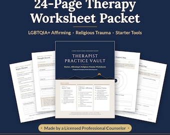 May include: A 24-page therapy worksheet packet in PDF format, featuring a central cover page titled Therapist Practice Vault. The document includes sections on starter tools, LGBTQIA+ affirming care, and religious trauma recovery.