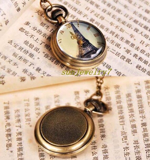 1pcs 33mmx33mm New Eiffel Tower With Rose Pocket Watch Charms - Main Image