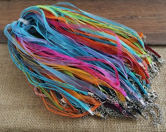 50pcs 17-19 inch adjustable Assorted Colors organza ribbon necklace cord with lobster clasp