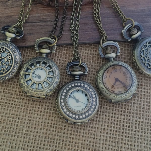 5 pièces petite série ronde Bronze montre de poche pendentif à breloques 25mm x 25mm