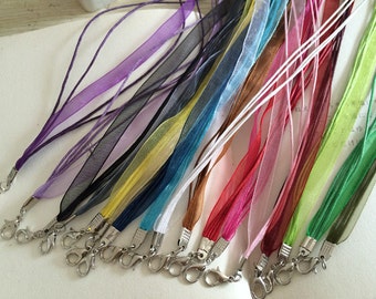 100pcs 17-19 inch adjustable Assorted Colors organza ribbon necklace cord with lobster clasp