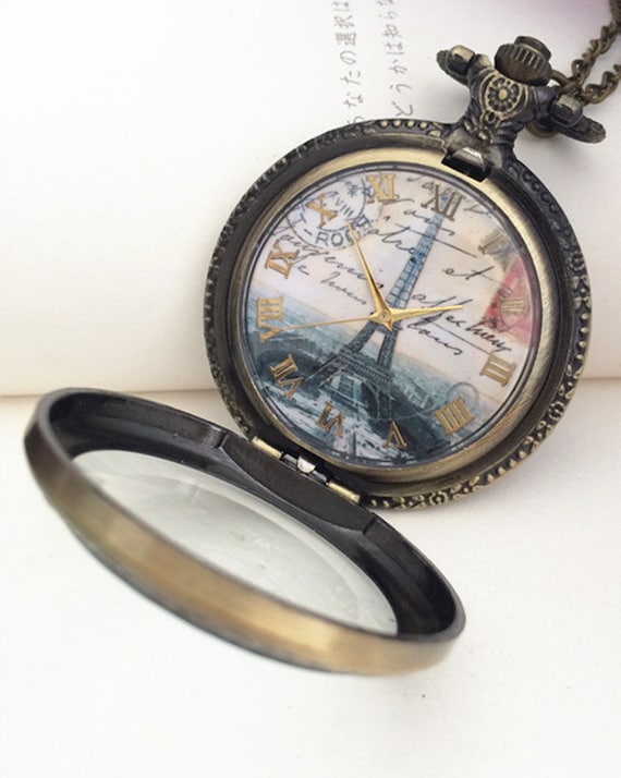 1pcs 48mmx48mm Bronze Eiffel Tower Glass Cover Pocket Watch Charms