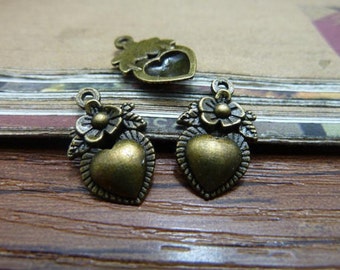 50pcs  12x19mm Lovely Mini Heart Flower Charms  -  antique bronze charm pendant Jewelry Findings