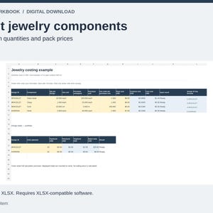 Libro de trabajo para el cálculo de costes de componentes de joyería en formato XLSX, planificador en blanco y ejemplo resuelto.