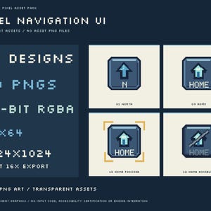 May include: A digital asset pack titled Pixel Navigation UI featuring 20 designs and 40 PNG files. The graphic displays four square pixel-art buttons with blue borders, including North, Home, Home Focused with a yellow frame, and Home Disabled.