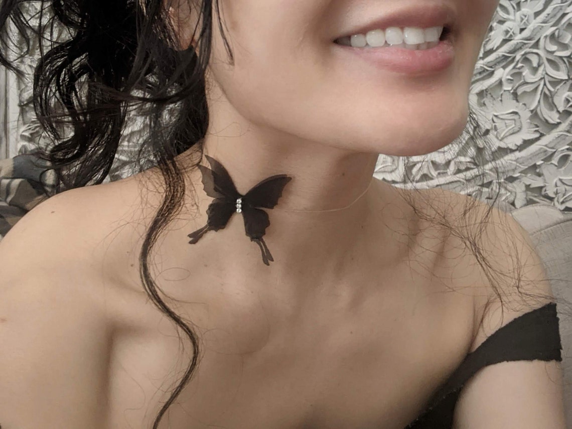 Floating Black Mesh Butterfly Necklace/Choker With Rhinestones