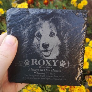 Może przedstawiać: Kwadratowa czarna tabliczka z łupka z wygrawerowanym portretem psa. Tekst brzmi: ROXY, Roxanne, Always in Our Hearts, January 27, 2023, You brought so much joy and love to us; A kind and gentle, intelligent, beautiful girl.
