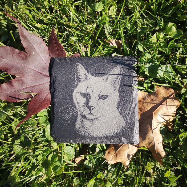 May include: A square black slate coaster featuring a laser-engraved portrait of a cat. The cat's face is rendered in light gray tones against the dark, textured stone surface, highlighting the detailed whiskers, ears, and facial features.