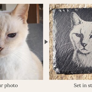 May include: A side-by-side comparison showing a light-colored cat on the left and a square black slate coaster on the right, which features a white laser-engraved portrait of the same cat. The text "Your photo" and "Set in stone" appear below.
