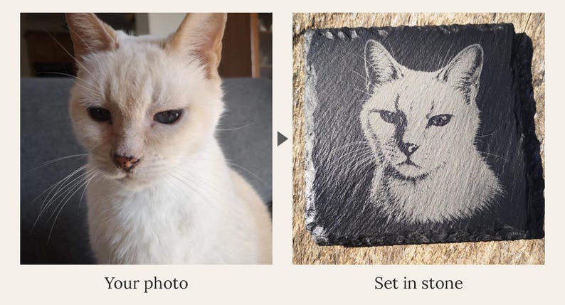 May include: A side-by-side comparison showing a light-colored cat on the left and a square black slate coaster on the right, which features a white laser-engraved portrait of the same cat. The text "Your photo" and "Set in stone" appear below.