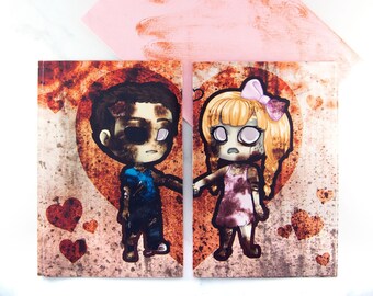 Cute chibi zombie couple / apocalypse valentine card / matching BFF halloween charms / kawaii zombie gift gothic creepy