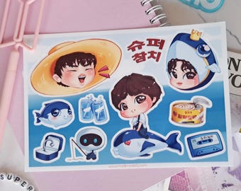 cute chibi BTS Jin sticker sheet - super tuna fanart - runseokjin bangtan art kim seokjin